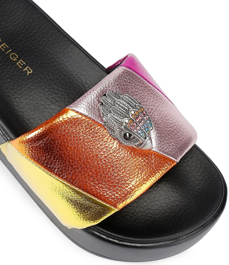 Kurt Geiger London Meena Metallic Rainbow Logo Ornament Platform Pool Slide Sandals