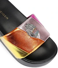 Kurt Geiger London Meena Metallic Rainbow Logo Ornament Platform Pool Slide Sandals