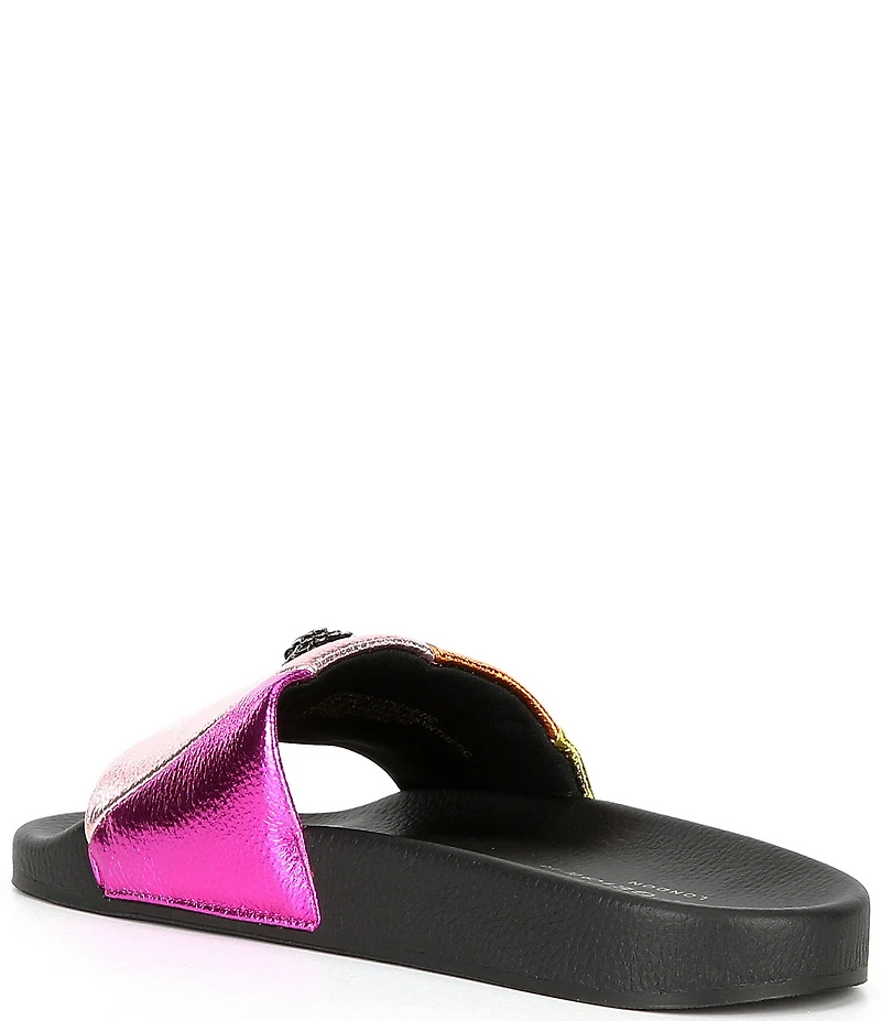 Kurt Geiger London Meena Striped Quilted Metallic Rainbow Logo Ornament Pool Slides