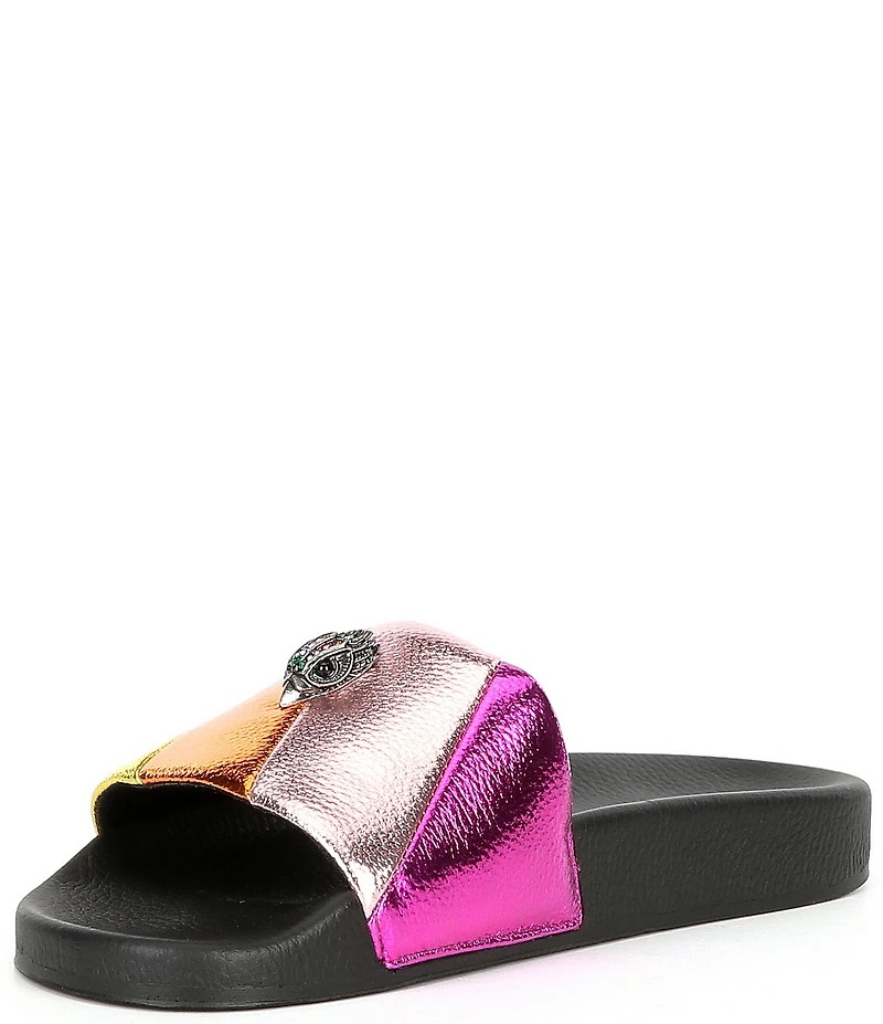 Kurt Geiger London Meena Striped Quilted Metallic Rainbow Logo Ornament Pool Slides