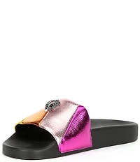 Kurt Geiger London Meena Striped Quilted Metallic Rainbow Logo Ornament Pool Slides