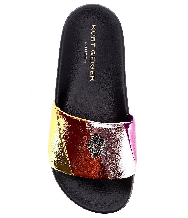 Kurt Geiger London Meena Striped Quilted Metallic Rainbow Logo Ornament Pool Slides