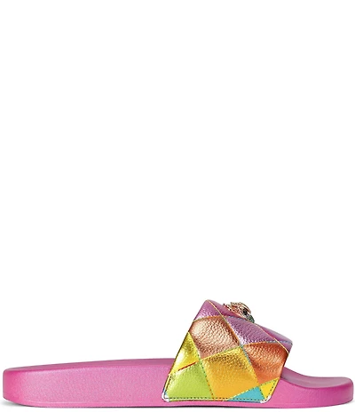 Kurt Geiger London Meena Quilted Metallic Rainbow Logo Ornament Pool Slide Sandals