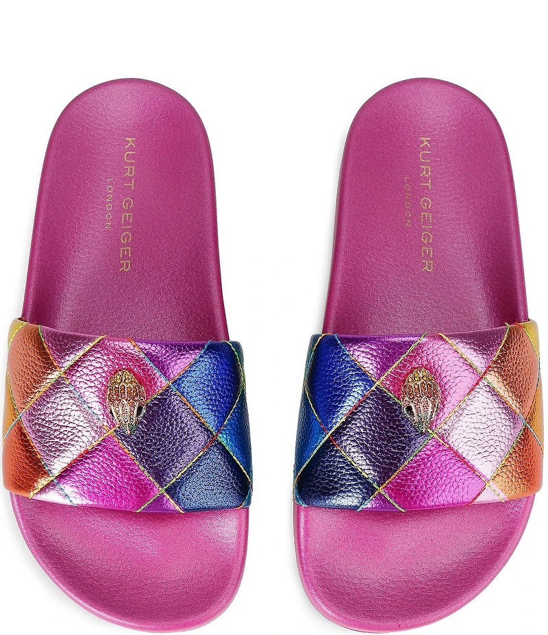Kurt Geiger London Meena Quilted Metallic Rainbow Logo Ornament Pool Slide Sandals