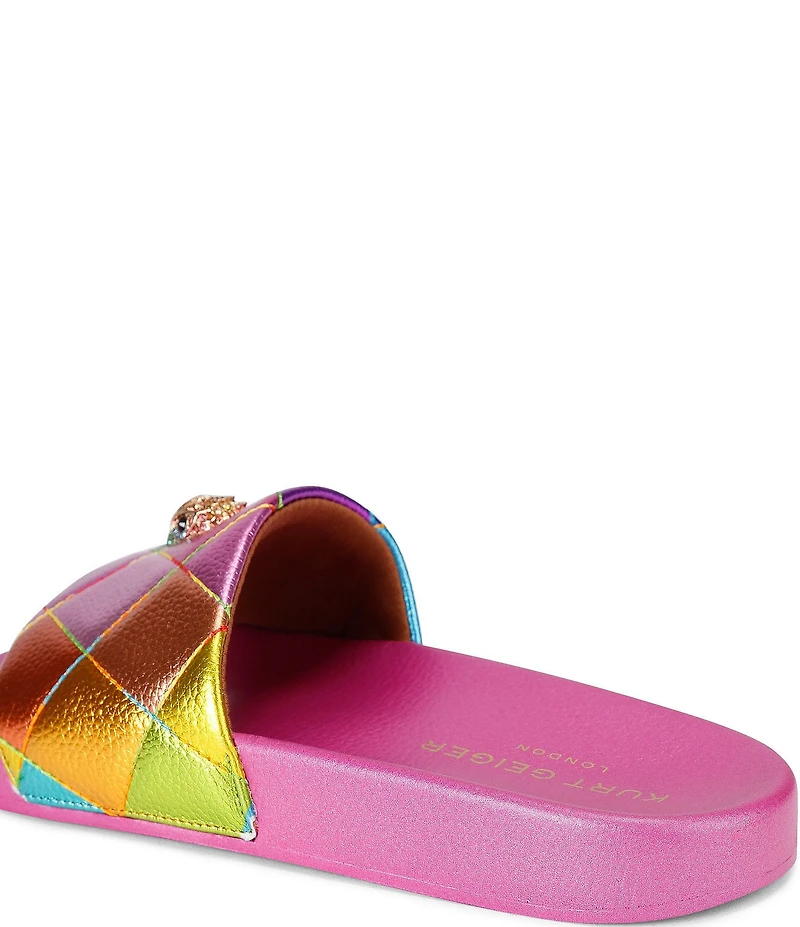 Kurt Geiger London Meena Quilted Metallic Rainbow Logo Ornament Pool Slide Sandals