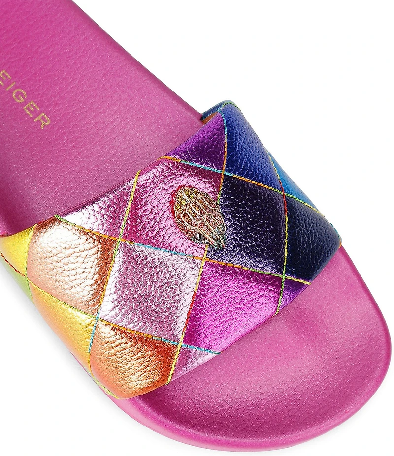 Kurt Geiger London Meena Quilted Metallic Rainbow Logo Ornament Pool Slide Sandals