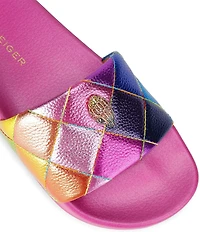 Kurt Geiger London Meena Quilted Metallic Rainbow Logo Ornament Pool Slide Sandals