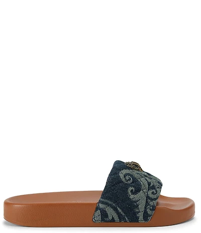 Kurt Geiger London Meena Quilted Paisley Denim Logo Ornament Pool Slide Sandals