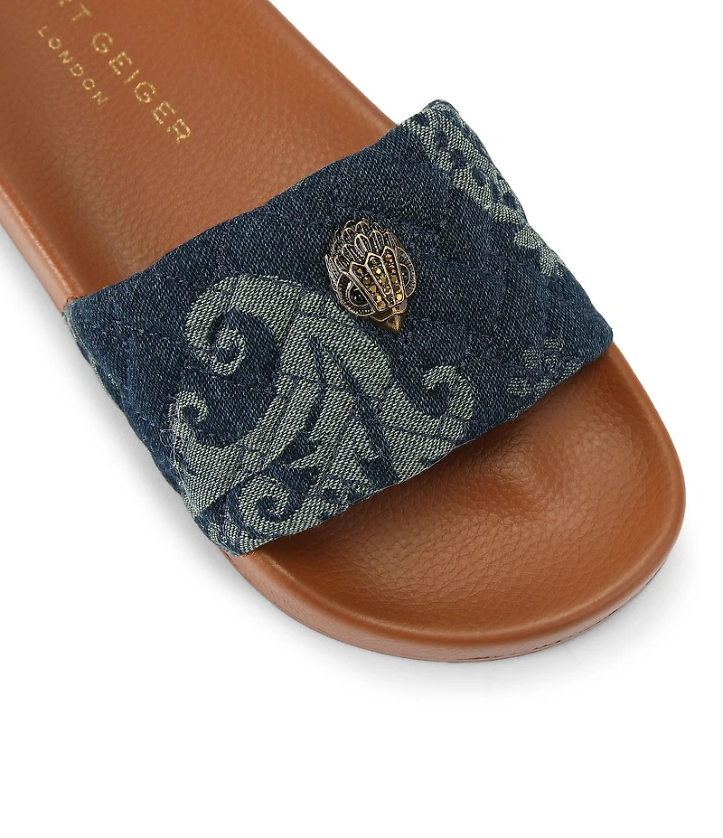 Kurt Geiger London Meena Quilted Paisley Denim Logo Ornament Pool Slide Sandals