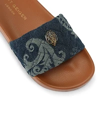 Kurt Geiger London Meena Quilted Paisley Denim Logo Ornament Pool Slide Sandals