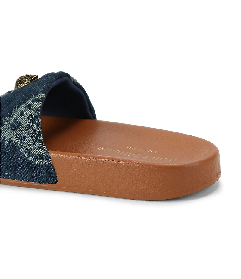 Kurt Geiger London Meena Quilted Paisley Denim Logo Ornament Pool Slide Sandals