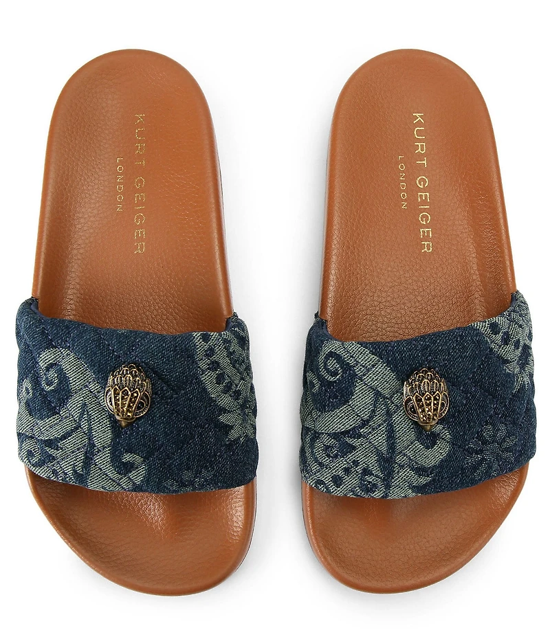 Kurt Geiger London Meena Quilted Paisley Denim Logo Ornament Pool Slide Sandals