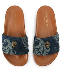 Kurt Geiger London Meena Quilted Paisley Denim Logo Ornament Pool Slide Sandals