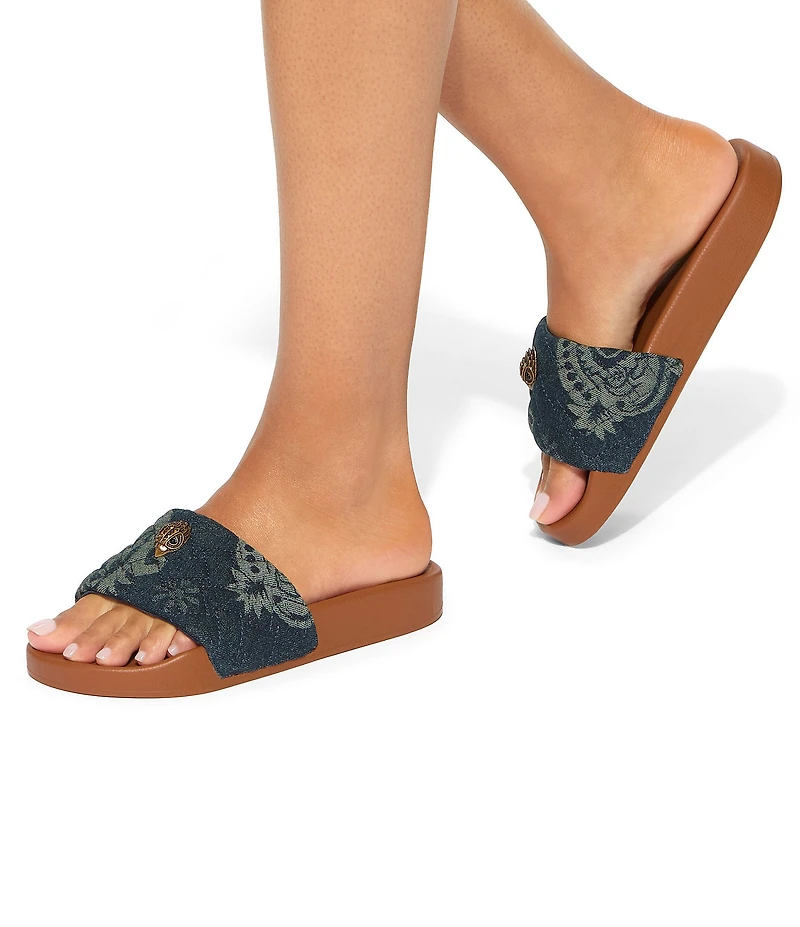 Kurt Geiger London Meena Quilted Paisley Denim Logo Ornament Pool Slide Sandals