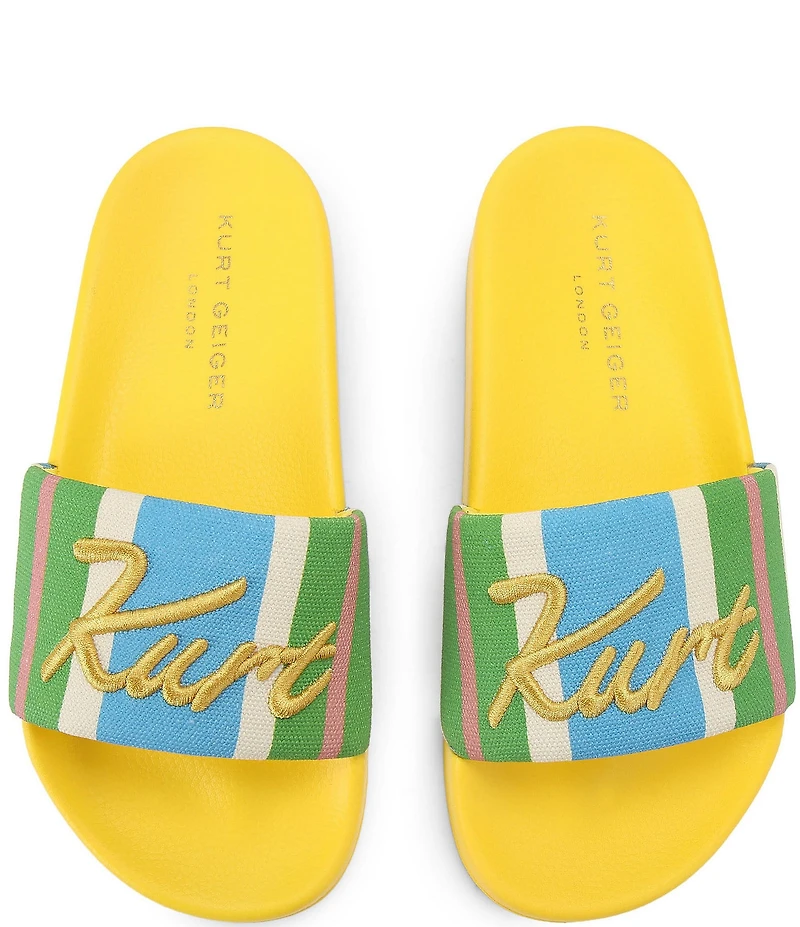 Kurt Geiger London Meena Kurt's Cabana Striped Canvas Embroidered Logo Pool Slide Sandals