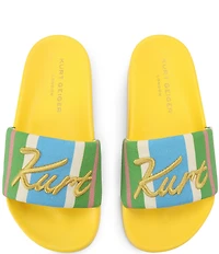 Kurt Geiger London Meena Kurt's Cabana Striped Canvas Embroidered Logo Pool Slide Sandals