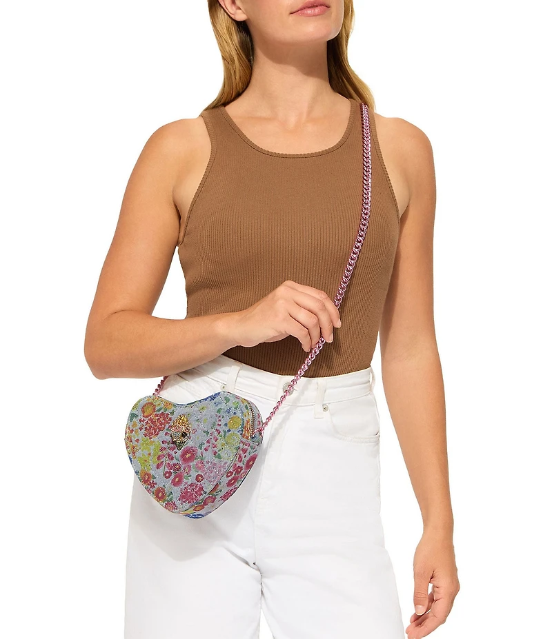 Kurt Geiger London Micro Heart Floral Denim Crossbody Bag