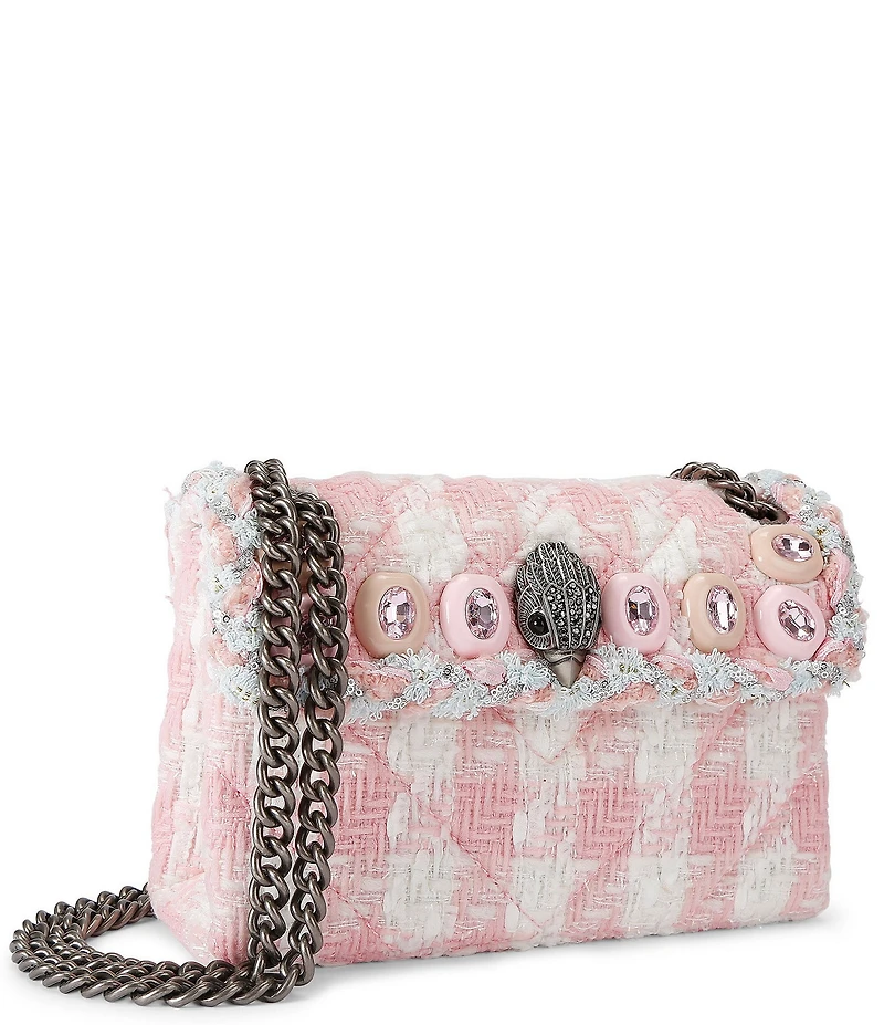Kurt Geiger London Mini Kensington 3D Sequin Flower Gems Gingham Tweed Crossbody Bag
