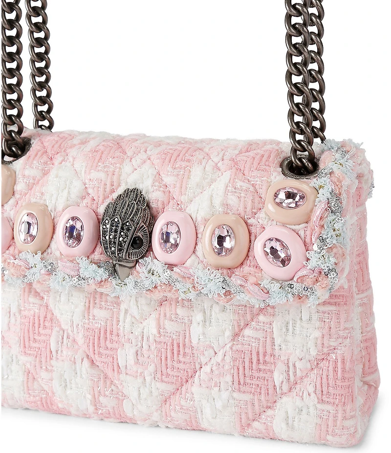 Kurt Geiger London Mini Kensington 3D Sequin Flower Gems Gingham Tweed Crossbody Bag