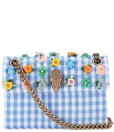 Kurt Geiger London Mini Kensington Fabric Gingham 3D Sequin Flower Crossbody Bag