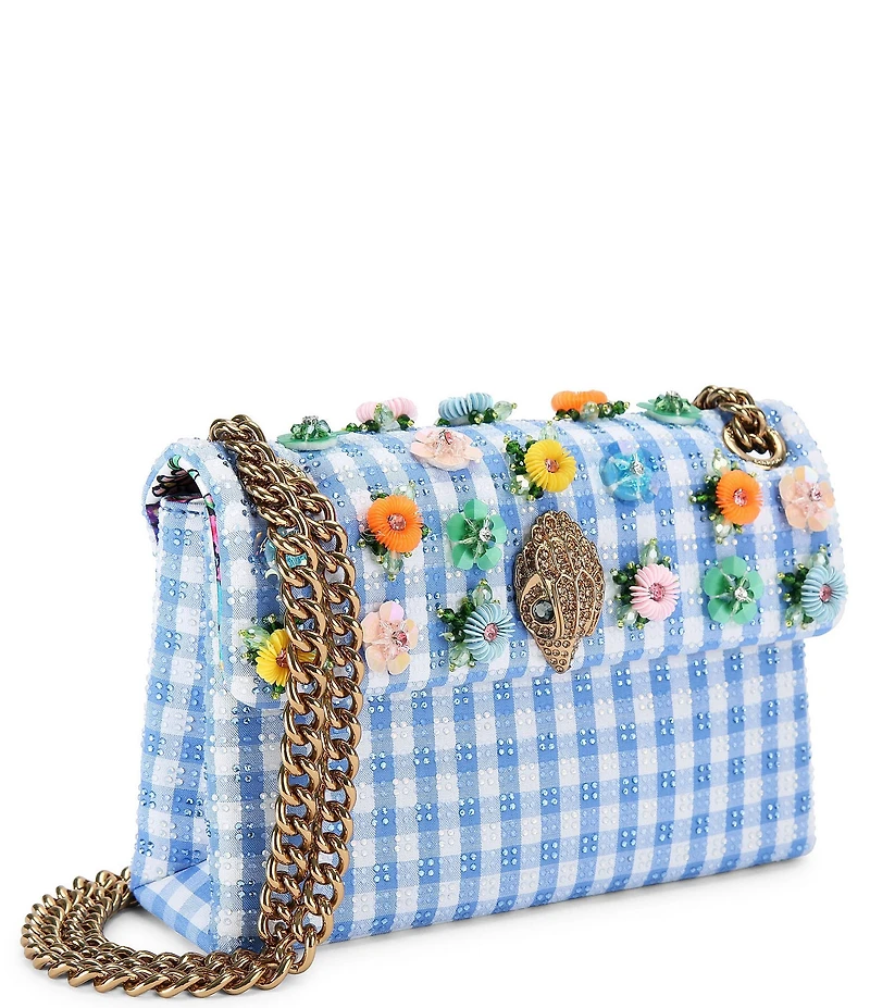 Kurt Geiger London Mini Kensington Fabric Gingham 3D Sequin Flower Crossbody Bag