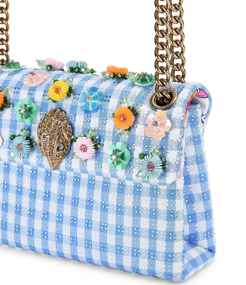 Kurt Geiger London Mini Kensington Fabric Gingham 3D Sequin Flower Crossbody Bag
