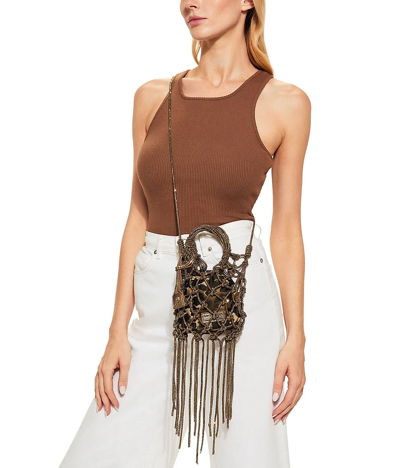 Kurt Geiger London Mini Fringe Leopard Macrame Crystal Clutch