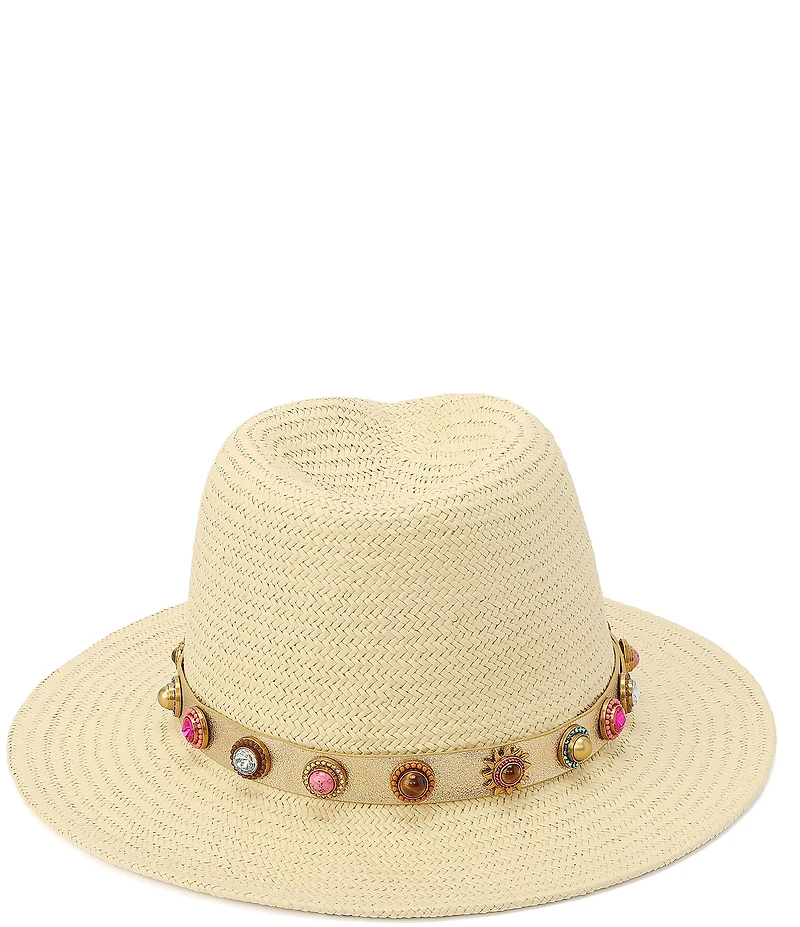 Kurt Geiger London Octavia Straw Jeweled Fedora Hat
