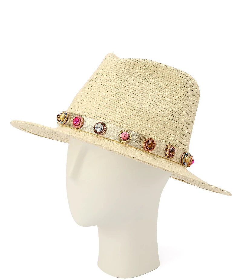 Kurt Geiger London Octavia Straw Jeweled Fedora Hat