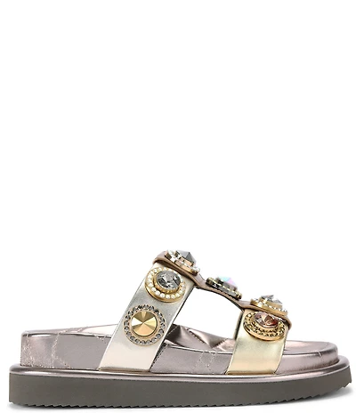Kurt Geiger London Orson Metallic Colorblock Leather Jewel Stud Ornament Slide Sandals