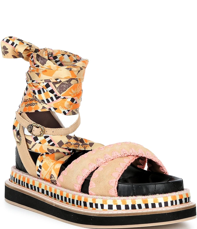 Kurt Geiger London Orson Printed Ankle Wrap Scarf Platform Sandals