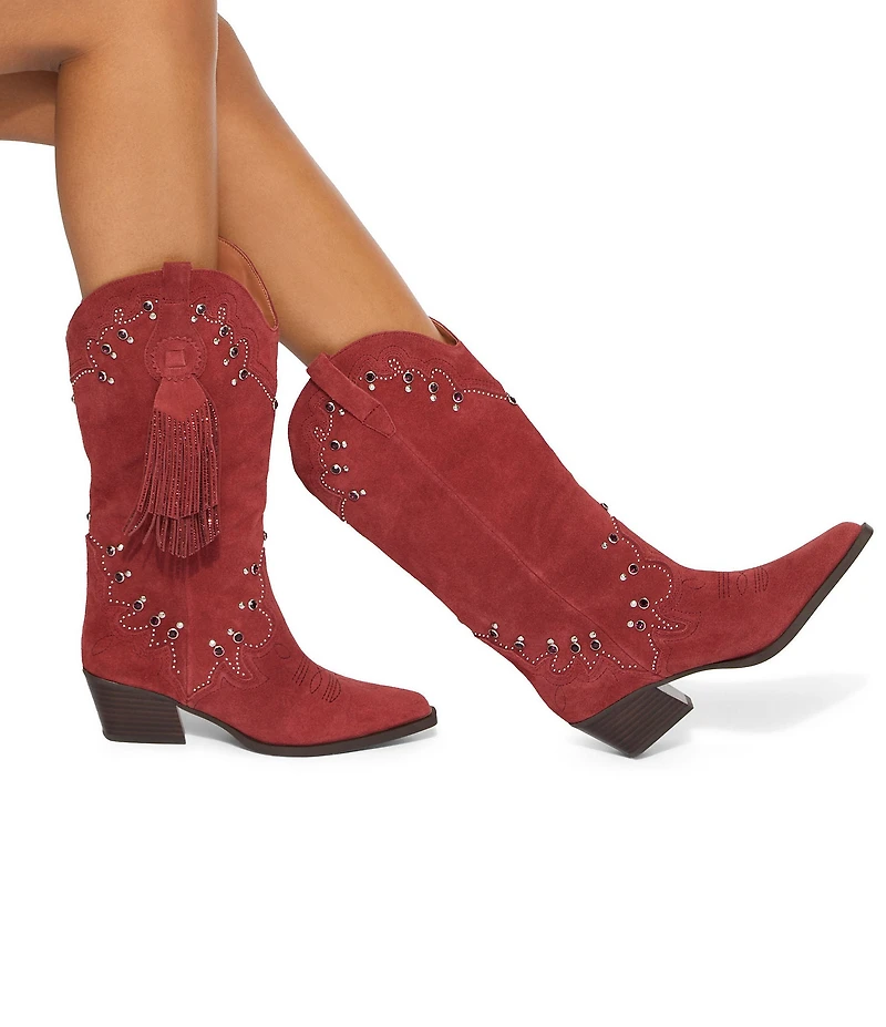 Kurt Geiger London Oxford Suede Studded Western Tassel Cowboy Boots