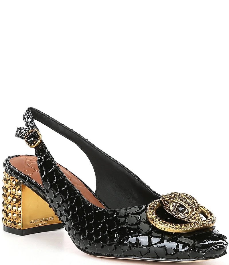 Kurt Geiger London Chelsea Snake Patent Leather Logo Ornament Slingback Pumps