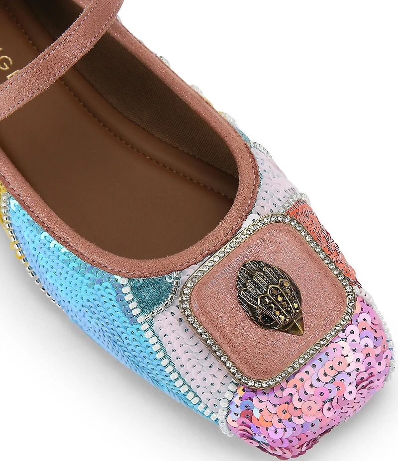 Kurt Geiger London Pimlico Sequin Embellished Logo Hardware Mary Jane Ballet Flats