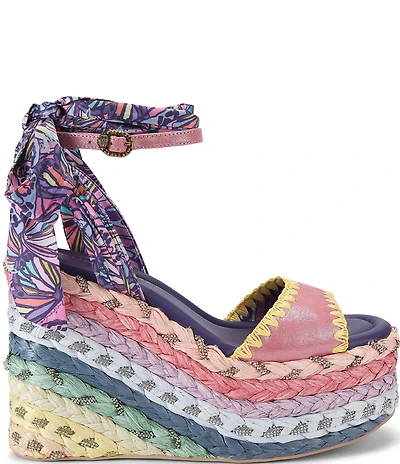Kurt Geiger London Rainbow Silk Ankle Tie Braided Platform Wedge Sandals