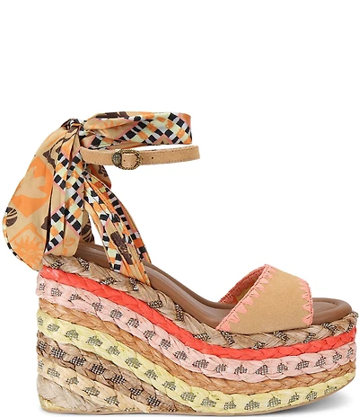 Kurt Geiger London Rainbow Silk Ankle Tie Braided Platform Wedge Sandals