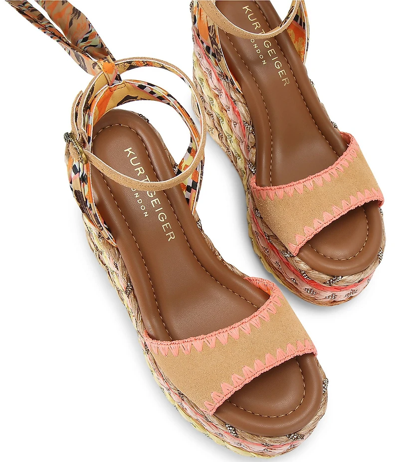 Kurt Geiger London Rainbow Silk Ankle Tie Braided Platform Wedge Sandals