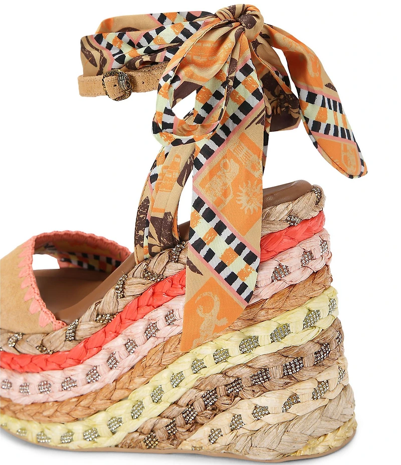 Kurt Geiger London Rainbow Silk Ankle Tie Braided Platform Wedge Sandals