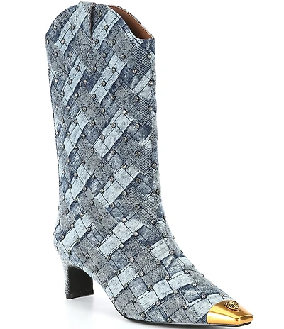 Kurt Geiger London Regent Stud Embellished Quilted Denim Patchwork Logo Ornament Cap Toe Boots