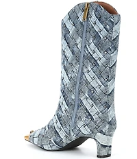Kurt Geiger London Regent Stud Embellished Quilted Denim Patchwork Logo Ornament Cap Toe Boots