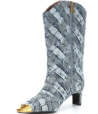 Kurt Geiger London Regent Stud Embellished Quilted Denim Patchwork Logo Ornament Cap Toe Boots