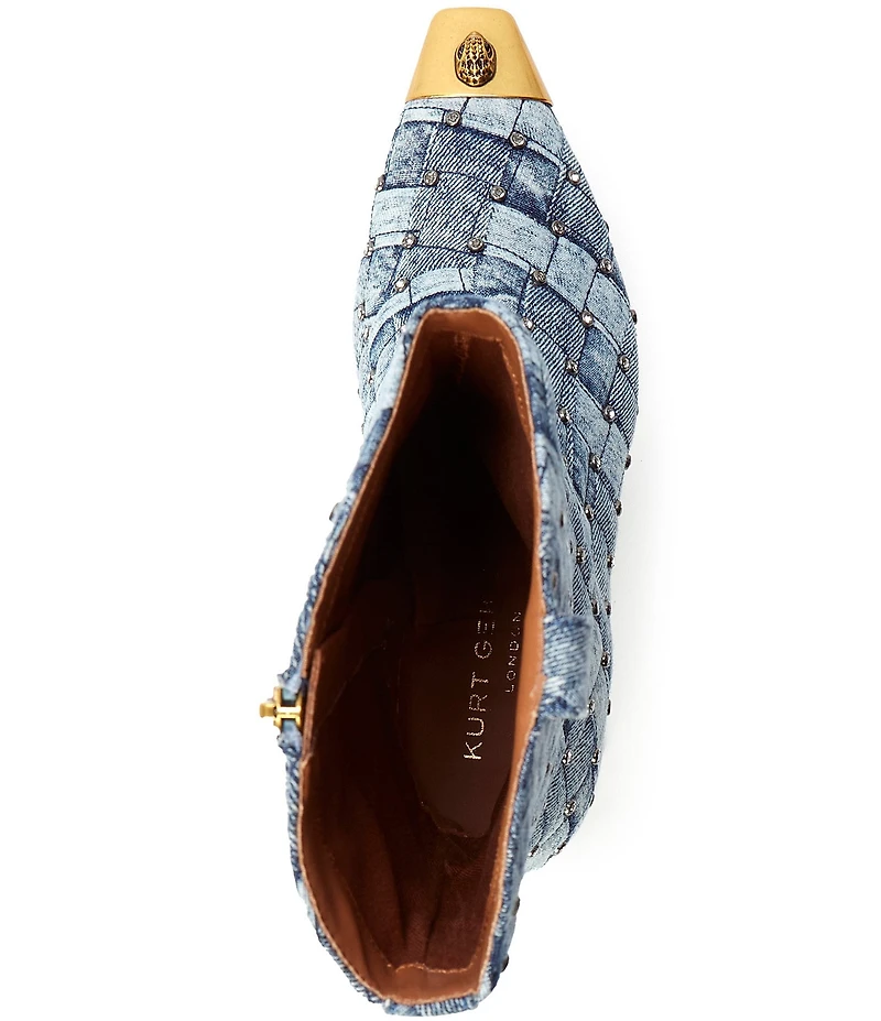 Kurt Geiger London Regent Stud Embellished Quilted Denim Patchwork Logo Ornament Cap Toe Boots