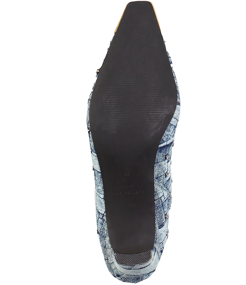 Kurt Geiger London Regent Stud Embellished Quilted Denim Patchwork Logo Ornament Cap Toe Boots