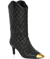 Kurt Geiger London Regent Stud Embellished Quilted Leather Logo Ornament Cap Toe Boots