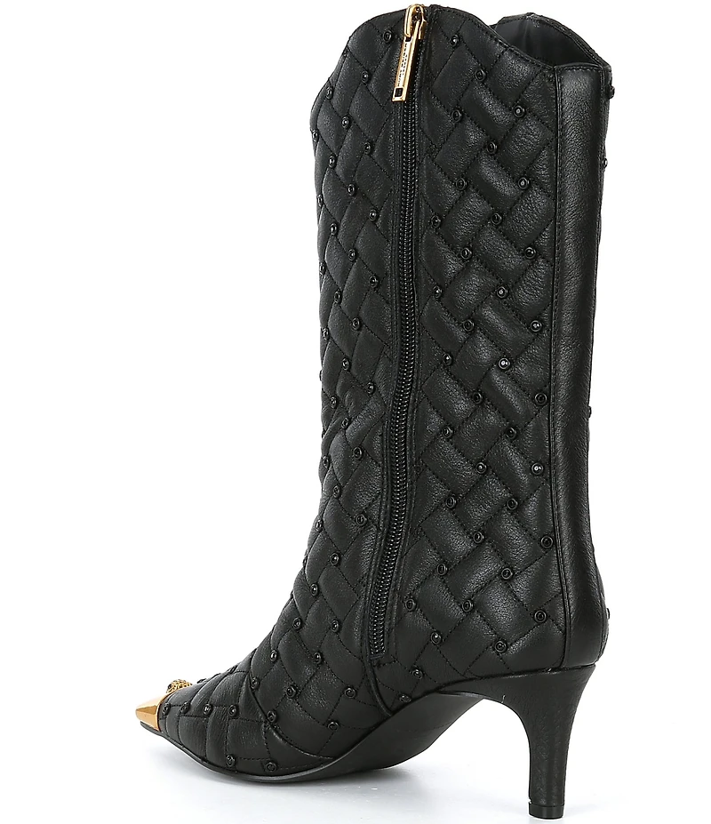Kurt Geiger London Regent Stud Embellished Quilted Leather Logo Ornament Cap Toe Boots