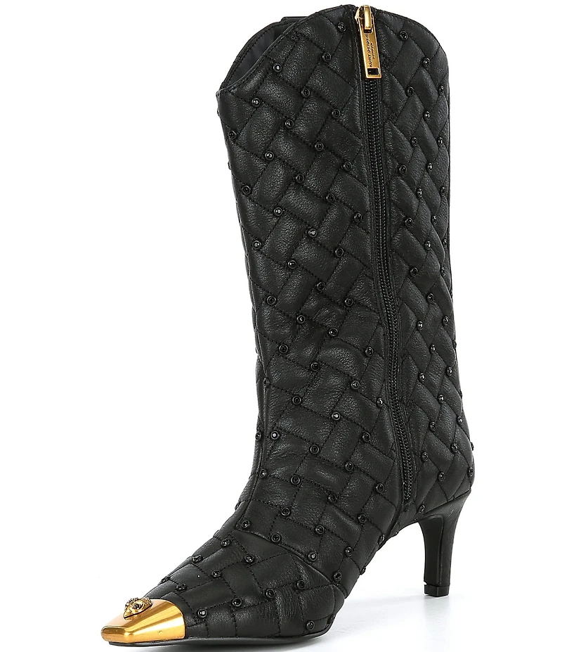 Kurt Geiger London Regent Stud Embellished Quilted Leather Logo Ornament Cap Toe Boots