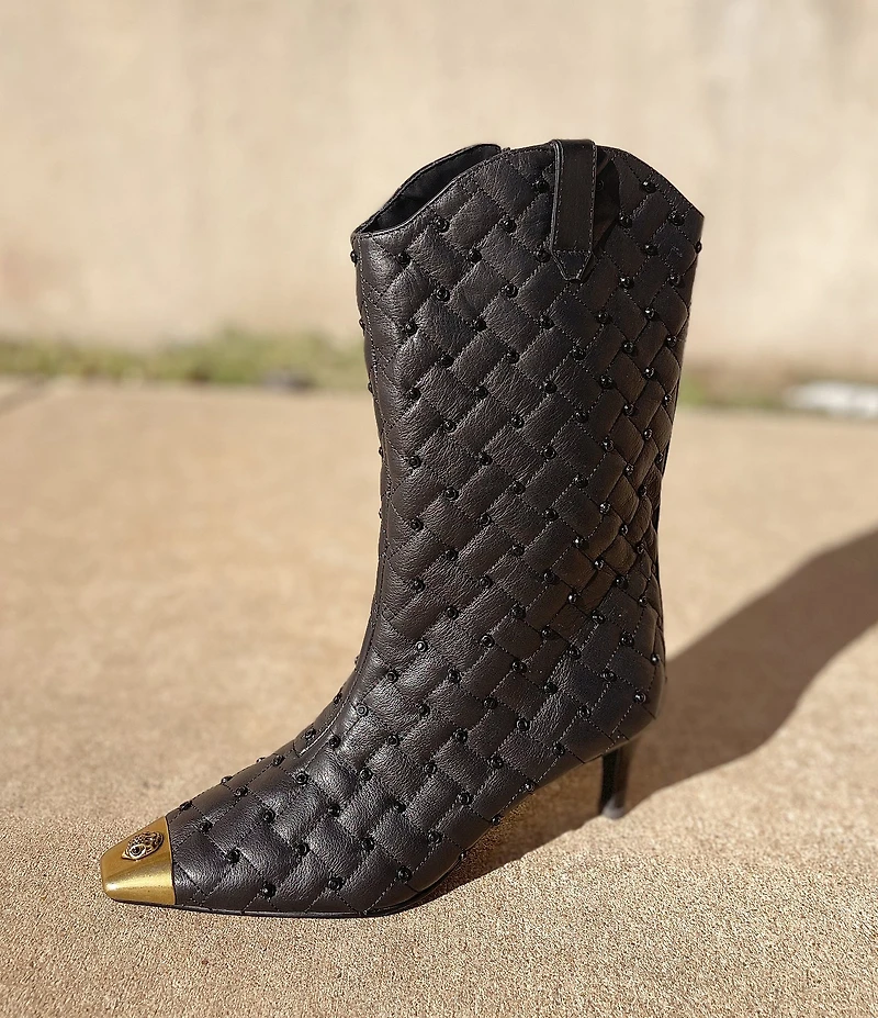 Kurt Geiger London Regent Stud Embellished Quilted Leather Logo Ornament Cap Toe Boots