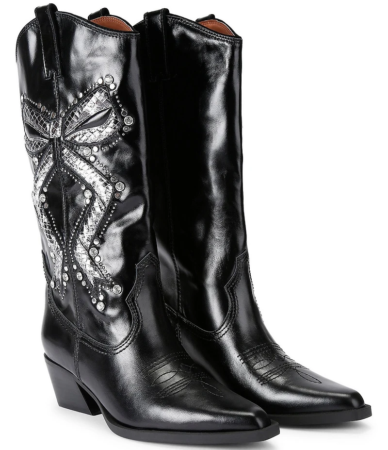 Kurt Geiger London Rodeo Bow Leather Studded Ornament Cowboy Boots