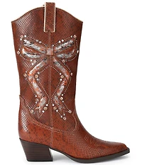 Kurt Geiger London Rodeo Bow Leather Studded Ornament Snake Print Cowboy Boots