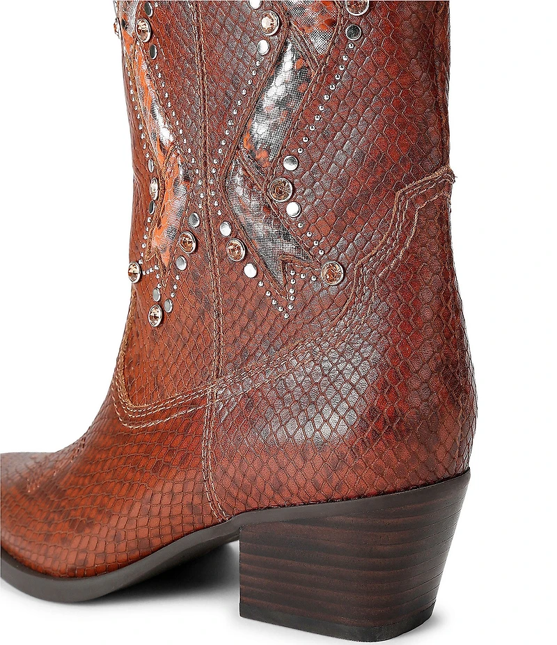 Kurt Geiger London Rodeo Bow Leather Studded Ornament Snake Print Cowboy Boots